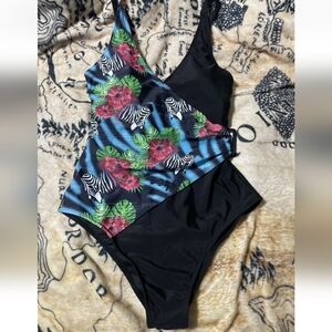 NWOT Kian D Size Small Black Faux Wrap Swimsuit Floral Zebra #1
